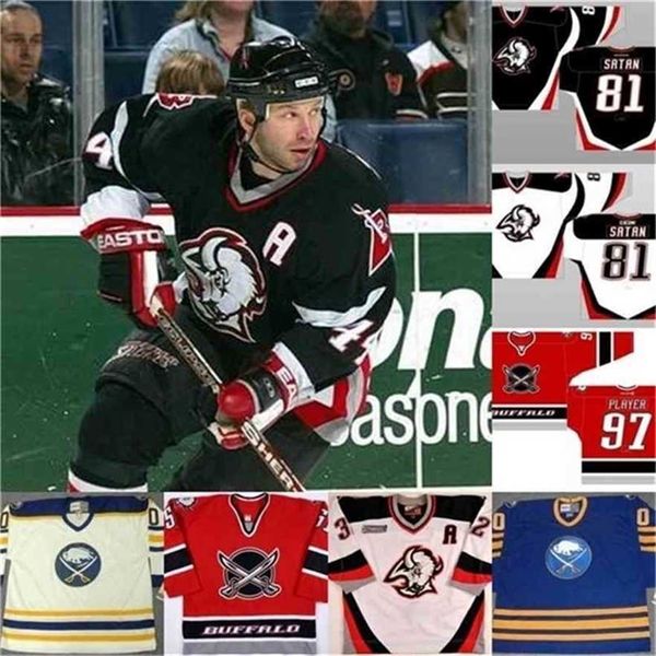 

college hockey wears mens buffalo sabres jersey 30 ryan miller 26 thomas vanek 39 dominik hasek 44 alexei zhitnik 81 satan 93 doug gilmour h, Black