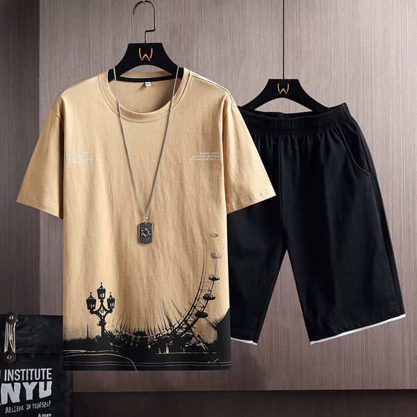 

men's tracksuits summer tracksuit fashion short sleeve sportswear ink print t shirtsshorts 2 pc sets men casual sports suits male cloth, Gray