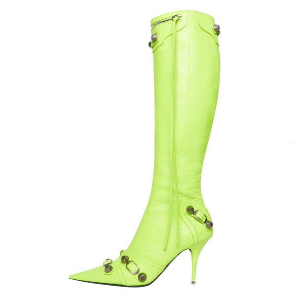 

boots woman boot fashion pure color pointed toe stilettos heels vintage metal buckle zipper knee high slim tassel shoes 45 221128, Black
