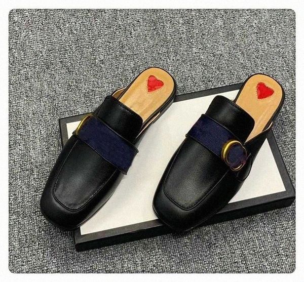 

princetown slippers genuine leather mules women loafers metal chain comfortable casual shoe lace velvet slipper with box designer a5vq#, Black