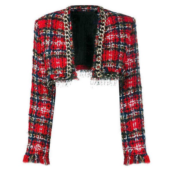 

red plaid tweed jackets short open stitch jacket female 2021 spring new design chain tassel sequins jackets women j220813, White;black