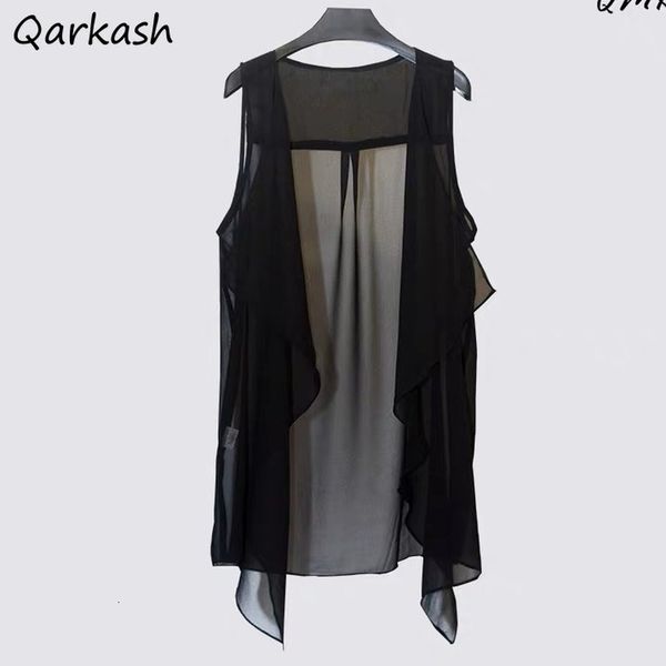 

women's vests chiffon women holiday street solid black sweet thin summer all-match fairy outerwear long draped open stitch vintage 2211, Black;white