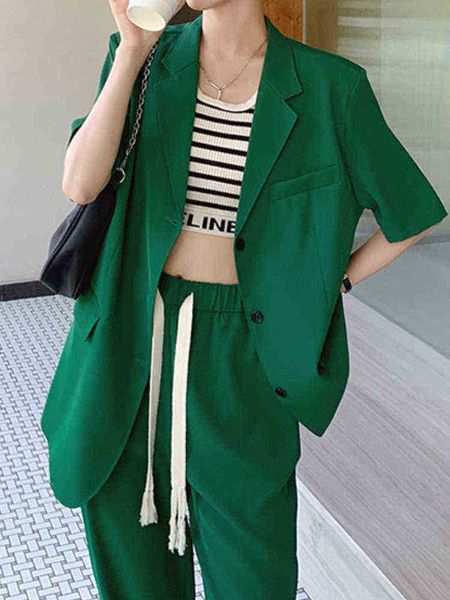 

women summer casual loose blazer pantsuit ladies elegant fashion trousers suit femme vintage slim clothing outfits new j220813, White;black