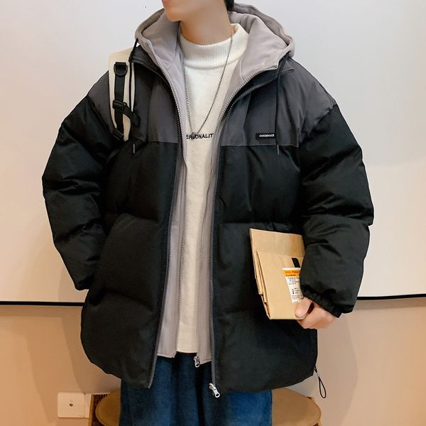 

mens down parkas hybskr winter hooded for men korean fake two piece jackets loose warm thickened fashion male casual zipper coats 221129, Black