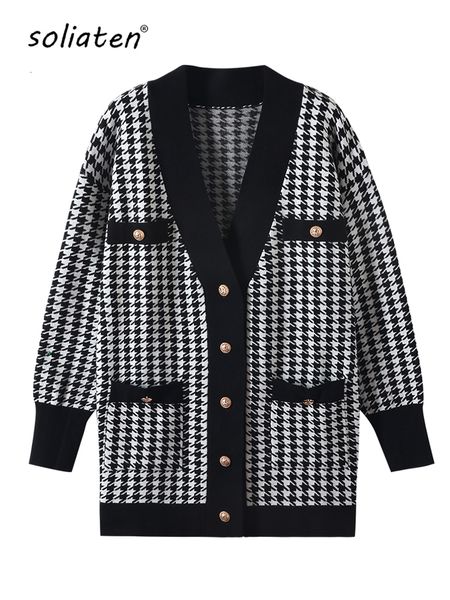 

womens knits tees casual long knitted pink cardigan female autumn winter drop shoulder sweater coat basic button houndstooth c162 221129, White