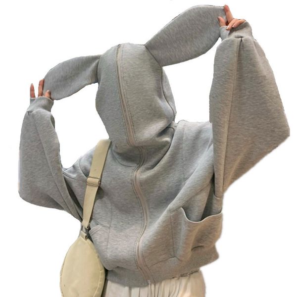 

women's hoodies sweatshirts spring autumn kawaii style women funny rabbit long ears hooded sweatshirt sleeve casual zip up short hoodie, Black
