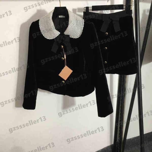 

designer two pieces dress miu beaded doll collar velvet tracksuits fashion brand single-breasted long-sleeve coat and bow high-waisted skirt, White