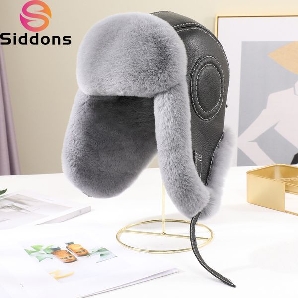 

trapper hats arrival mens 100% natural rex rabbit fur bomber winter russian man warm real sheepskin leather hat male caps 221129, Blue;gray