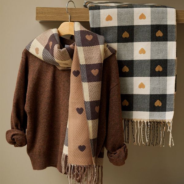 

scarves women knitted heartpattern plaid lovey girl winter scarf college fashionable leisure shawl wraps female accessories 221129, Blue;gray