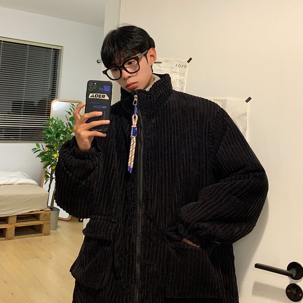 

men's down parkas men puffer harajuku winter jacket korean fashion corduroy streetwear hip hop parka coat green white baggy couple oute, Black
