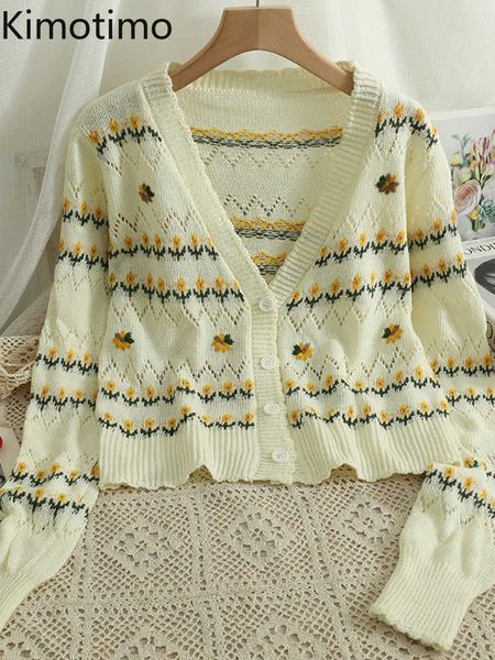 

women's sweaters kimotimo embroidery hollow knitted vest female 2022 autumn v neck long sleeve sweaters korean chic thin design fashion, White;black