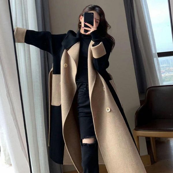 

women's wool blends winter coat double-breasted cardigan thermal anti-wrinkle lapel overcoat for shopping 221129, Black