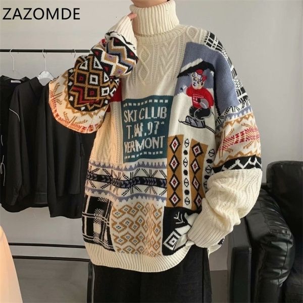 

men's sweaters zazomde winter men turtleneck christmas ski bear knitted pullovers casual male knitwear hip hop 221129, White;black