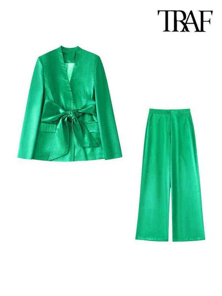 

traf women fashion with belt satin lapelless blazer coat and high waist zipper fly wide leg pants female suits mujer j220813, White;black