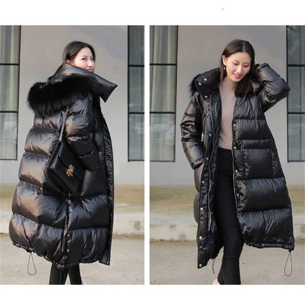 

designer warm long coat 90% white duck down thick winter coat women's hooded korean women's down jacket, Black