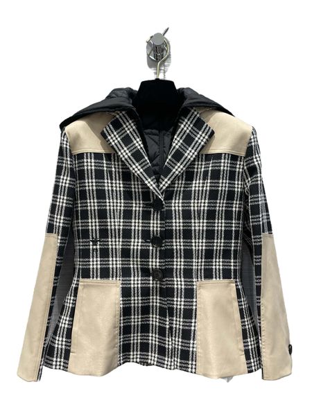 

early autumn new two-piece design hourglass waist vintage black and white plaid patchwork suit coat, Black;brown