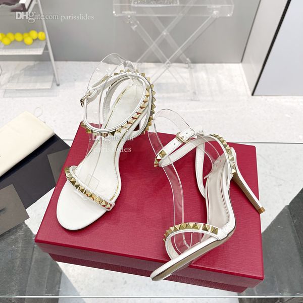 

designer v slide sandals fashion rivet ankle strap heel slides woman high heels shoes luxury leather hfgh, Black