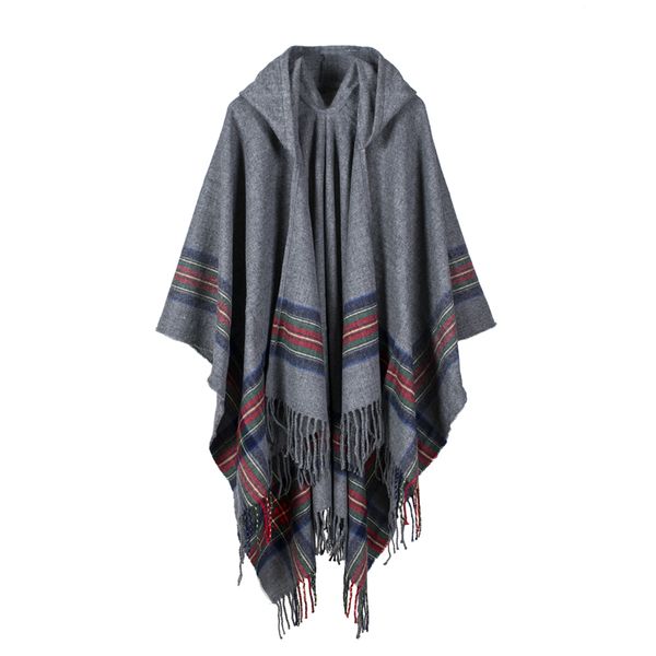 

scarves fashion women winter shawl wraps thick warm blanket scarf oversize hooded black ponchos and capes striped tassel echarpe 221129, Blue;gray
