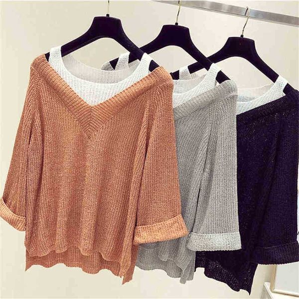 

women's sweaters fake two piece offshoulder sweater female long sleeves loose lazy depth knitted sweater women spring j220915, White;black