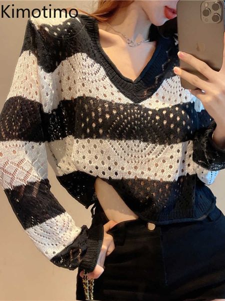 

women's sweaters kimotimo black white striped sweater women 2022 new hollow design v neck sweater korean long sleeve sunscreen cropped, White;black