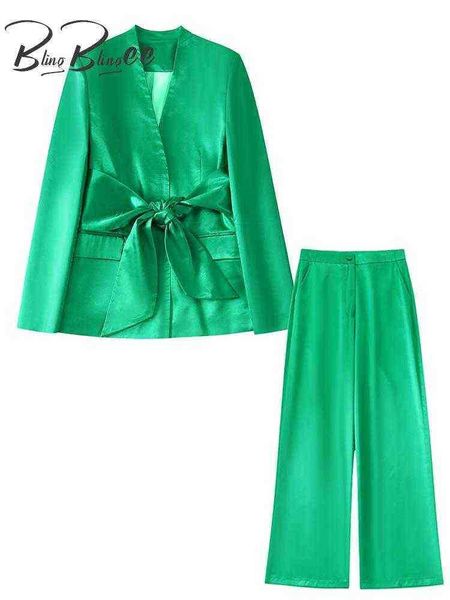 

blingblingee autumn 2022 women slim green blazers suits hit bow tied office lady suit jacket pants female satin 2 piece sets j220813, White;black