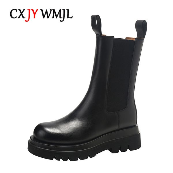 

boots cxjywmjl plus size genuine leather women chelsea elastic band platform chimney boot ladies autumn booties winter warm shoe 221128, Black