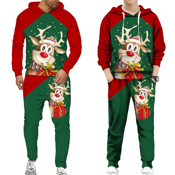 

men's tracksuits family matching santa claus elk hoodiesuits xmas year sweatshirt pants set christmas party outwear kids clothing suit, Gray