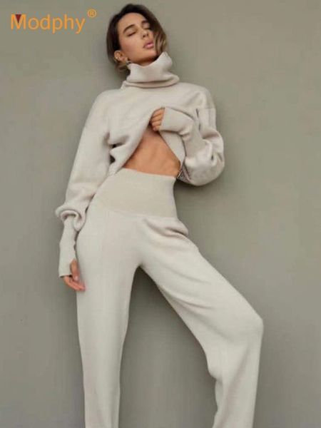 

women's two piece pants turtleneck sweater 2 pieces set women setchic knitted pullover sweater pants jumper trousers sweater suit wint, White