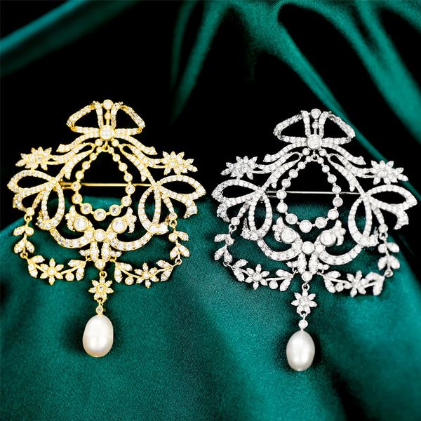 

pins brooches vintage cubic zircon hollow crown long tassel elegant natural pearl pin and for women jewelry 221128, Gray