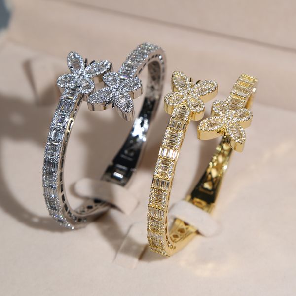 

iced out wide band bracelet bangle with butterfly charm bracelet ring set paved 5a cubic zircon stone for women men hip hop jewelry wholesal, Golden;silver