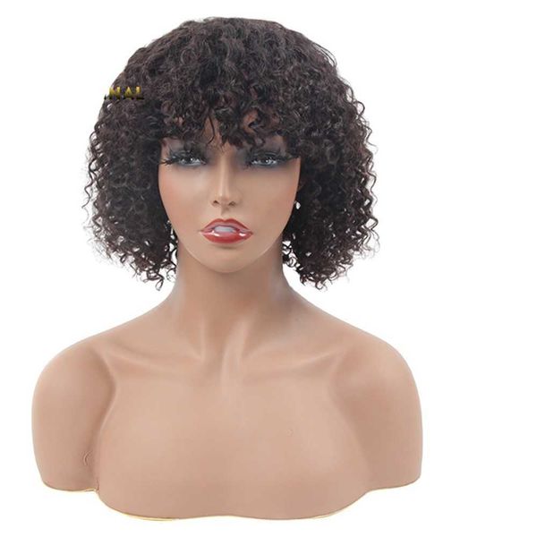 

headwear hair accessories human hair deep curl wig with bangs machine made deep wave short bob for black women virgin brazilian pixie cut wi