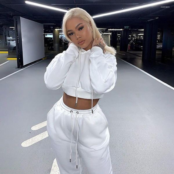 

women's two piece pants womens tracksuit set casual long sleeve hooded sweatshirt and loose drawstring waistband two-piece suit, White