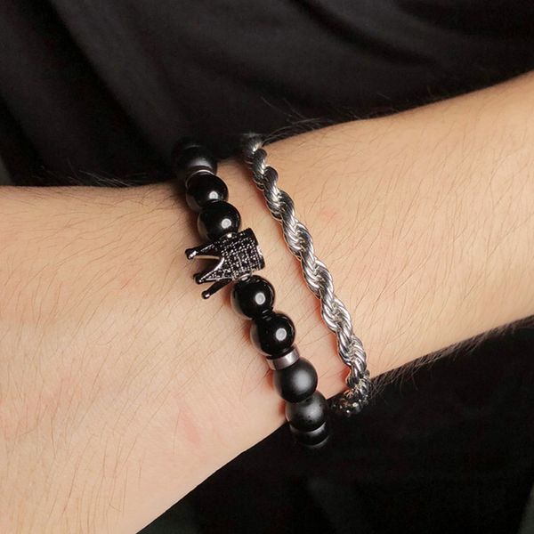 

mens jewelry sets hand chakras designer bracelet 2pcs/set 8mm black frosted stone silver twist chain for man beaded crown bracelets womens b