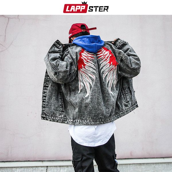 

mens jackets lappster men embroidery streetwear denim washed wing hip hop male blue korean harajuku windbreaker 221129, Black;brown