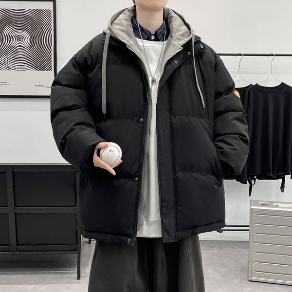

men's down parkas korean puffer jacket streetwear with hood men's and women's couple hooded outerwear thicken warm oversized, Black
