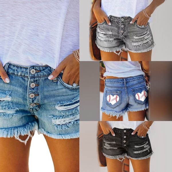 

Cross-border foreign trade European and American trends ripped fringed denim shorts straight-button women's hot pants, Black