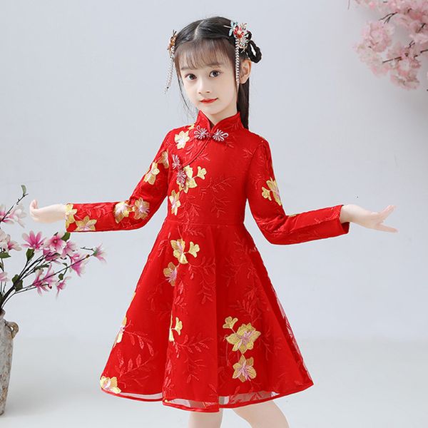 

girl's dresses chinese traditional dress midi party dresses cheongsam qipao for girls party costumes year clothes princess kids 3-12yea, Red;yellow