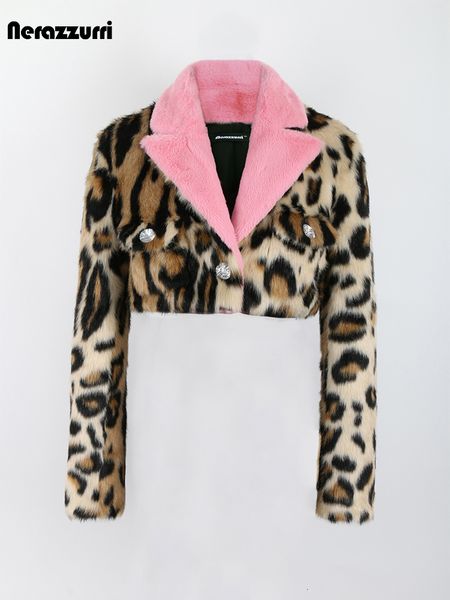 

womens fur faux nerazzurri autumn winter leopard print thick warm soft cropped mink jacket blazer women long sleeve with pink collar 221129, Black