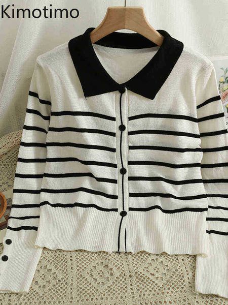 

women's sweaters kimotimo women striped hit color knitted vest 2022 autumn turn down collar casual korean ins long sleeves all match s, White;black
