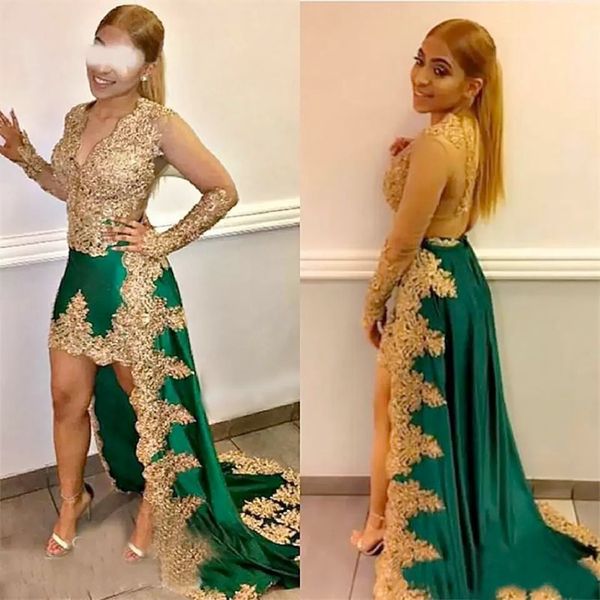 

2023 gold lace applique prom dresses long sleeves high low scalloped v neck satin custom made evening gown formal occasion wear vestidos plu, Black