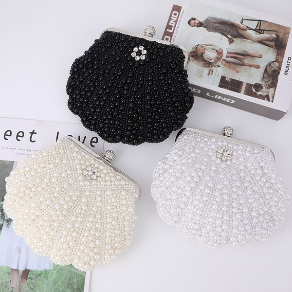 

evening bags women elegant fashion pearl beige black seashell handbags metal handle silver color chain shoulder bag clutches 221128