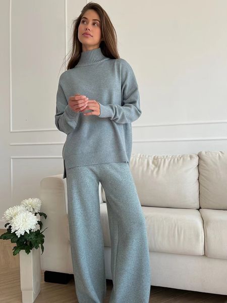 

women's two piece pants high collar knitted sweaters women suits autumn winter long sleeve with wideleg pants sets casual fashion loos, White