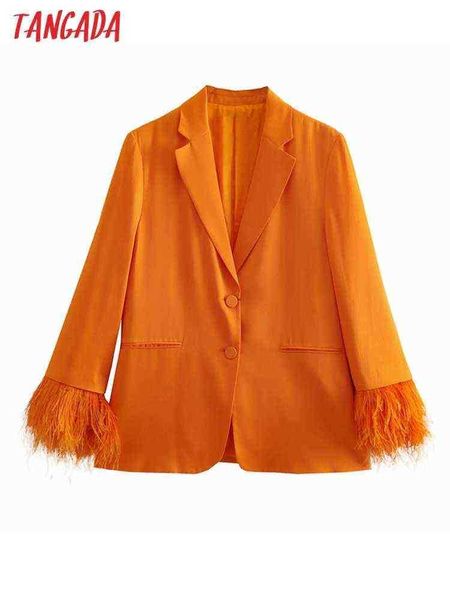 

suit tangada 2022 autumn women orange satin blazer jacket feathers long sleeve, White;black