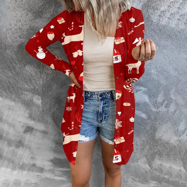 

wo women christmas print open front lightweight cardigan long sleeve outwear 221129, Black;brown