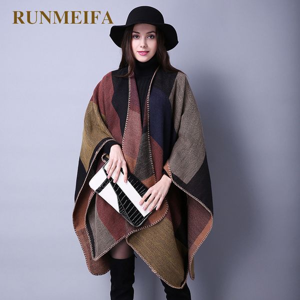 

scarves fashion winter warm plaid ponchos and capes for women oversized shawls wraps cashmere pashmina female bufanda mujer 221129, Blue;gray