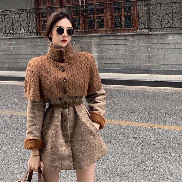 

women's wool blends woolen overcoat women vintage autumn winter full plaid thickened keep warm o-neck single breasted sweater 2 pic set, Black