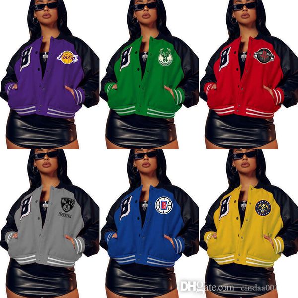 

womens baseball clothing fashion team printed plush sweater suit leather splice threaded bomber jersey coats, Gray