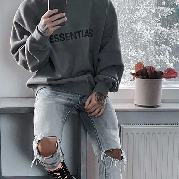 

hoodies sweatshirts summer new fog double thread essentials three-dimensional letter printed round neck sweater casual loose cotton terryf, Black