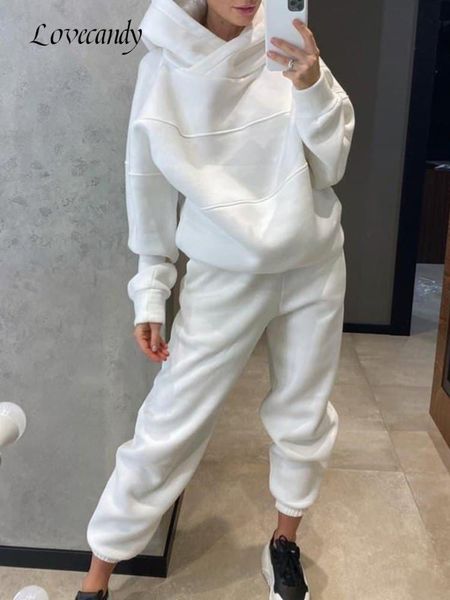 

women's two piece pants womens fashion oversize tracksuit sets thicken warm fleece hoodies and elastic joggings winter casual loose lad, White