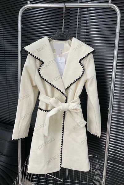 

womens coat wool blends contrast color wavy edge ornament lapels trench coats inlaid pearl button flap belt slim warm outerwear autumn winte, Black